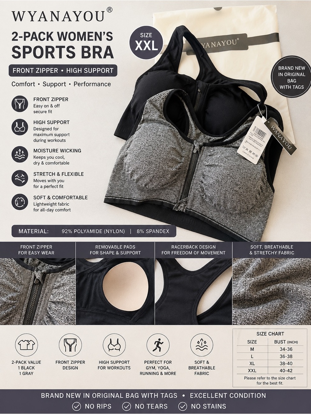 2-Pack Front-Zip Sports Bras — Black & Gray, XXL